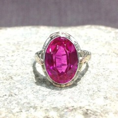 Vintage Man-Made Pink Ruby & Tri-Color 10K Gold Ladies Handmade Ring