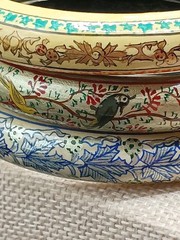 Vintage Kashmiri Bangle Bracelet Set 3 Hand Painted Wood Pulp Bird Floral 8.5″