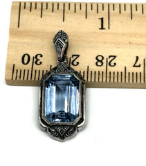 German Art Deco Pendant 835 Silver Ornate Blue Crystal Emerald Cut Vintage