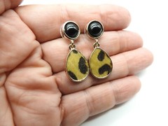 Black Plastic Faux Animal Fur Dangle Pierced Earrings Vintage