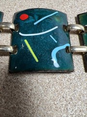Vintage MCM Bracelet Enamel on Copper 1.75″ Wide 4 Panel Modern Green Artisan