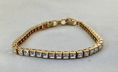 Swarovski Square Shape Crystal Tennis Bracelet Gold Plate Signed 7” w/Extender