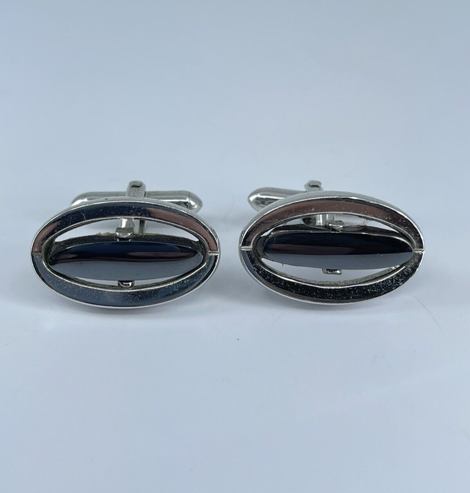 Vintage Swank hematite cufflinks long oval open silver tone design 3/4″