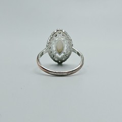 Vintage Moonstone And CZ Marquise Ring In Silver Tone Victorian Style Retro