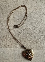 Antique Heart Shaped Photo Locket Gold Over Sterling 19” Chain Read C3