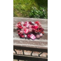 Chunky Red Pink Shell Bead Multi Strand Stretch Bracelet Statement Coastal