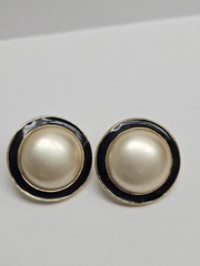 2 Pair VTG Earrings Carol Lee Pierced And Gold-tone Clip On Black Enamel,Faux P.