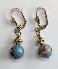 Vintage Gold Tone Blue Cloisonne Beaded Pendant Y-Drop Necklace & Earrings Set