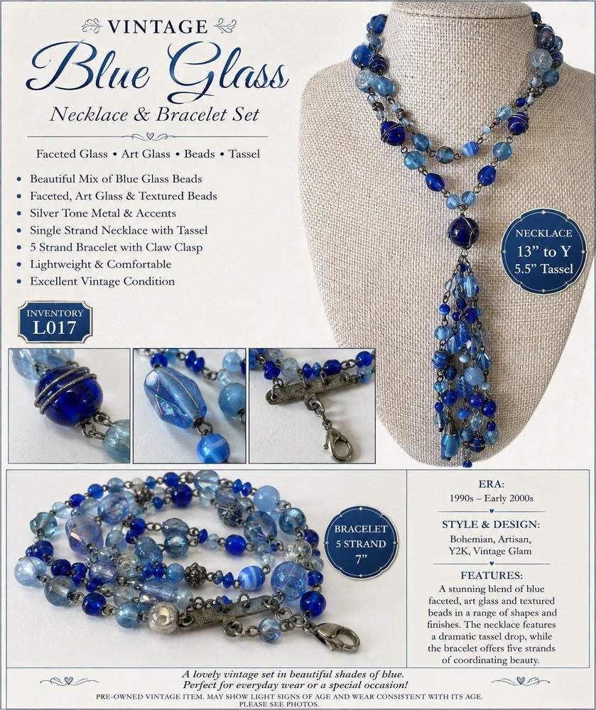 Vintage Blue Art Glass Bead Tassel Necklace 5 Strand Bracelet Set Boho Y2K L017