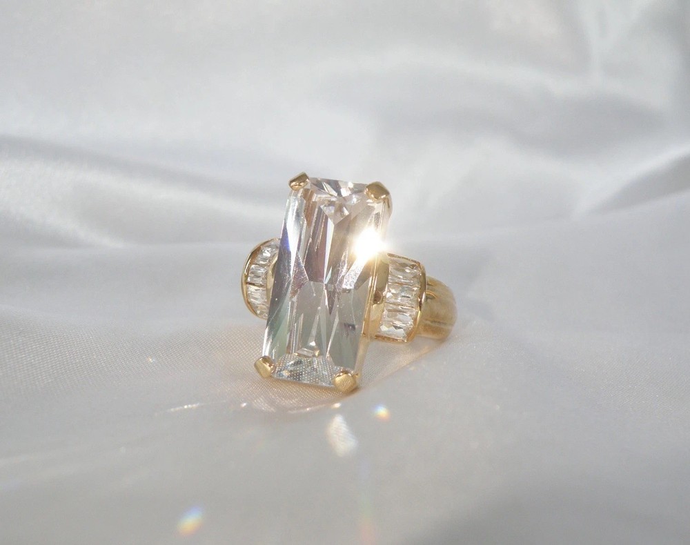 Vintage Sterling Silver 925 Gold on Huge Baguette CZ Statement Ring Size 9