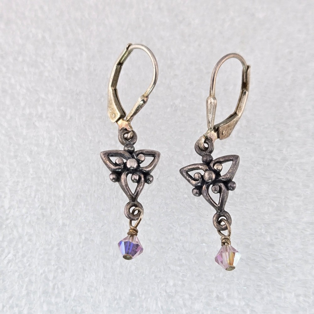 Vintage 925 Sterling Silver Celtic Knot Dangle Earrings Aurora Borealis Crystal