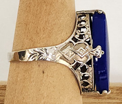 Antique Art Deco Marquise Shape Lapis Lazuli Sterling Silver Filigree Ring 6.5