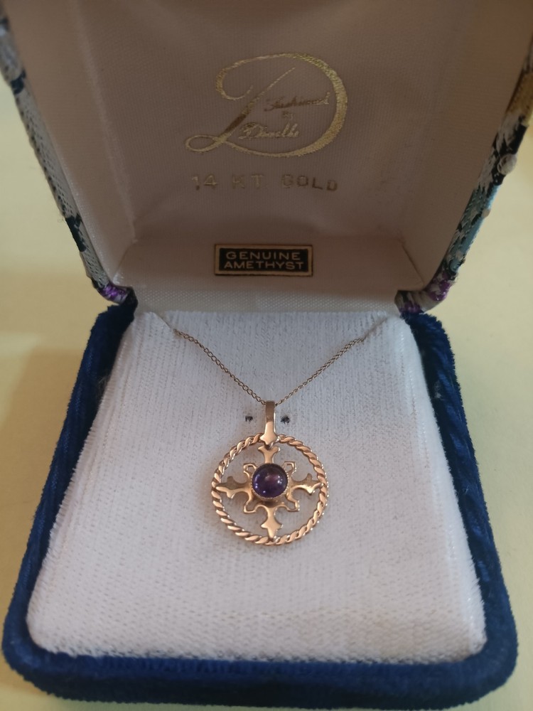 Vintage 14k Gold 15.5 Inch Necklace Amethyst Pendant Tested New Old Stock Tested