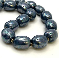 Vintage Iridescent Blue Peacock Glazed Ceramic Bead Necklace 100g 18”