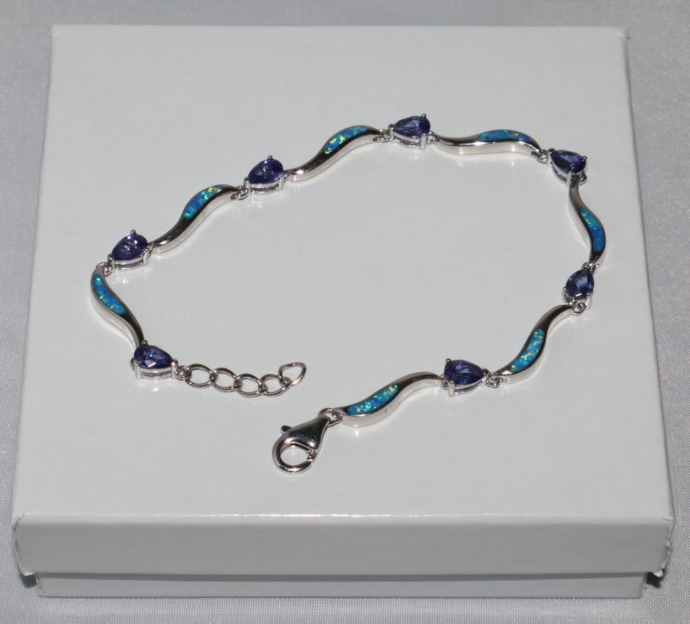 Vintage Petite Sterling Silver Fire Opal Inlay and Amethyst Bracelet 7 1/2 Inch