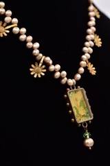 Vintage Charm Necklace Romantic Pendant Floral Pearl Beaded Antiqued 1990s BinBM