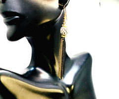 Vintage 1990s 2000s Disco Ball CZ Sparkle Black Gold Chain Tassel NYE Earrings