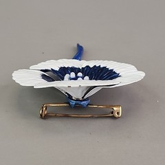 Vintage Enamel Flower Set Brooch Clip On Earrings Navy Blue White Anemone