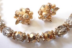 Vintage Signed Vendome Crystal Necklace & Earrings Set Clear & Gold Beads AB
