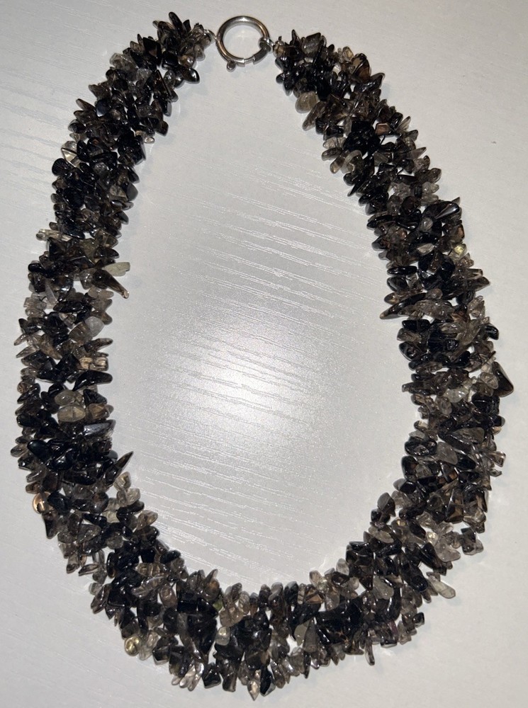 Vintage Smoky Quartz Chip Necklace 1” Wide Statement 17” 1970s 120g Boho Collar