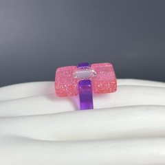 Modernist Lucite Ring Pink Purple Glitter Rhinestone Sz 7.75 Chunky Post Modern