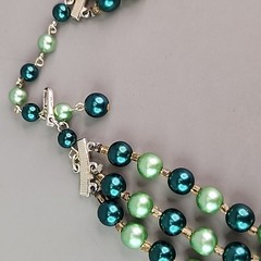 Vintage Beaded Necklace Green Triple Layered Acrylic Japan Choker 16″