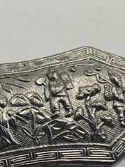 Vintage Silver Tone Scenic Brooch Pin Asian Figures Garden Floral Landscape 3 In