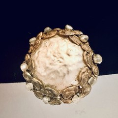 Vintage Miriam Haskell Brass Filigree Faux Pearl Clip On Earrings Mid Century