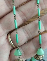 Antique Art Deco Czech Green And Tan Carved Glass Necklace 1920s