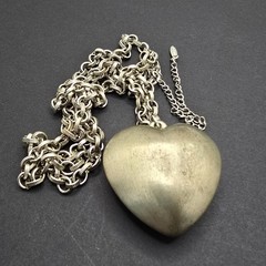 Vintage Puffy Heart Pendant Necklace Silver Tone Signed VCLM Long Chain 32in