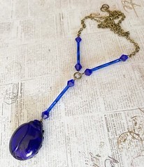 Vintage Scarab Necklace Egyptian Revival Pendant Antique Czech Cobalt Blue Glass