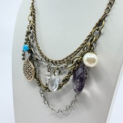 VTG Multi Strand Charm Necklace Bronze & Silver Tone Layered Boho Crystal Retro
