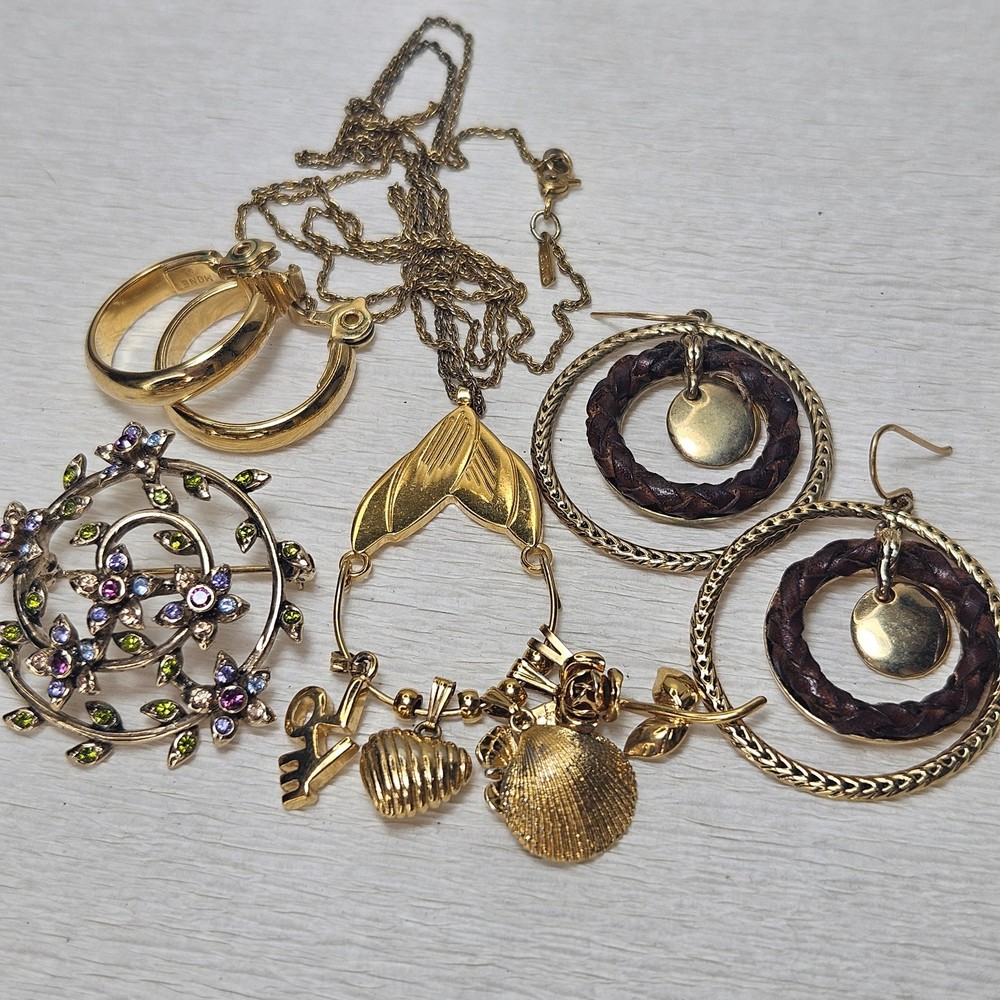 Monet Gold Charm Holder on Chain Braided Leather Hoop Earrings Rhinestone Brooch