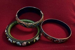 Three Vintage High End Cloisonné Bangle Bracelet One Hinged Antique