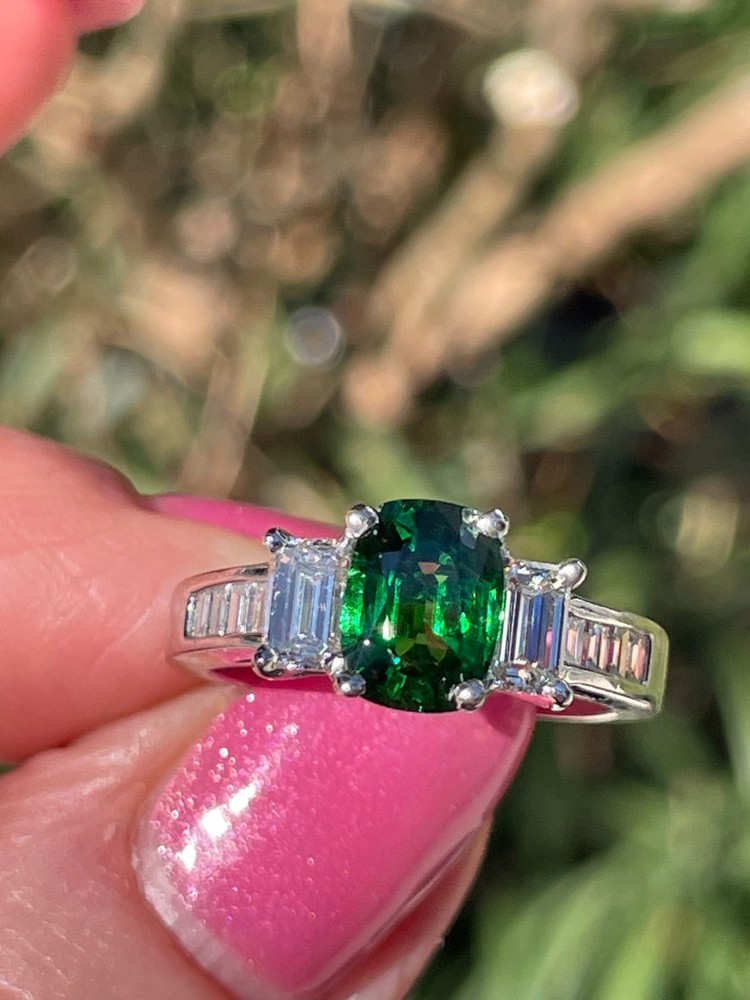 Vintage GIA 2.46ctw Natural Green Cushion Cut Tsavorite Diamond Platinum Ring