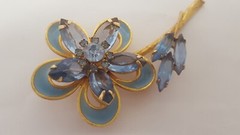 Vintage Blue Glass Rhinestone Enamel Flower Brooch Marquise Round Gold Tone Pin