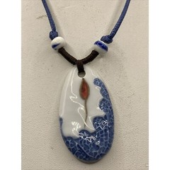 Blue White Porcelain Pendant 20″ Cord Adjustable Necklace Hand Painted