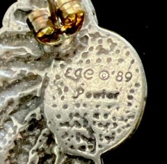 VTG Pewter, Signed Ege Conch W/dangling Feathers Turquoise Inset Stud Earrings