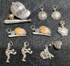 Lot of 8 Baseball Themed Silver-Tone Charms & 1 Enameled Pendant, Metal Alloy