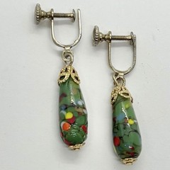 Vtg Japanese Green Millefiori Glass Teardrop Dangle Statement Earrings Screwback