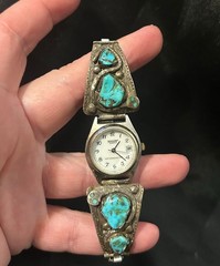 Effie Calavaza Zuni Signed Turquoise Snake Watch Vintage Native American Jewelry