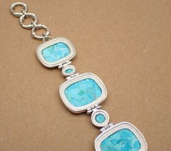 JTV Turquoise Link Bracelet Cushion Oval & Round Stones Sterling Silver 8-1/2″
