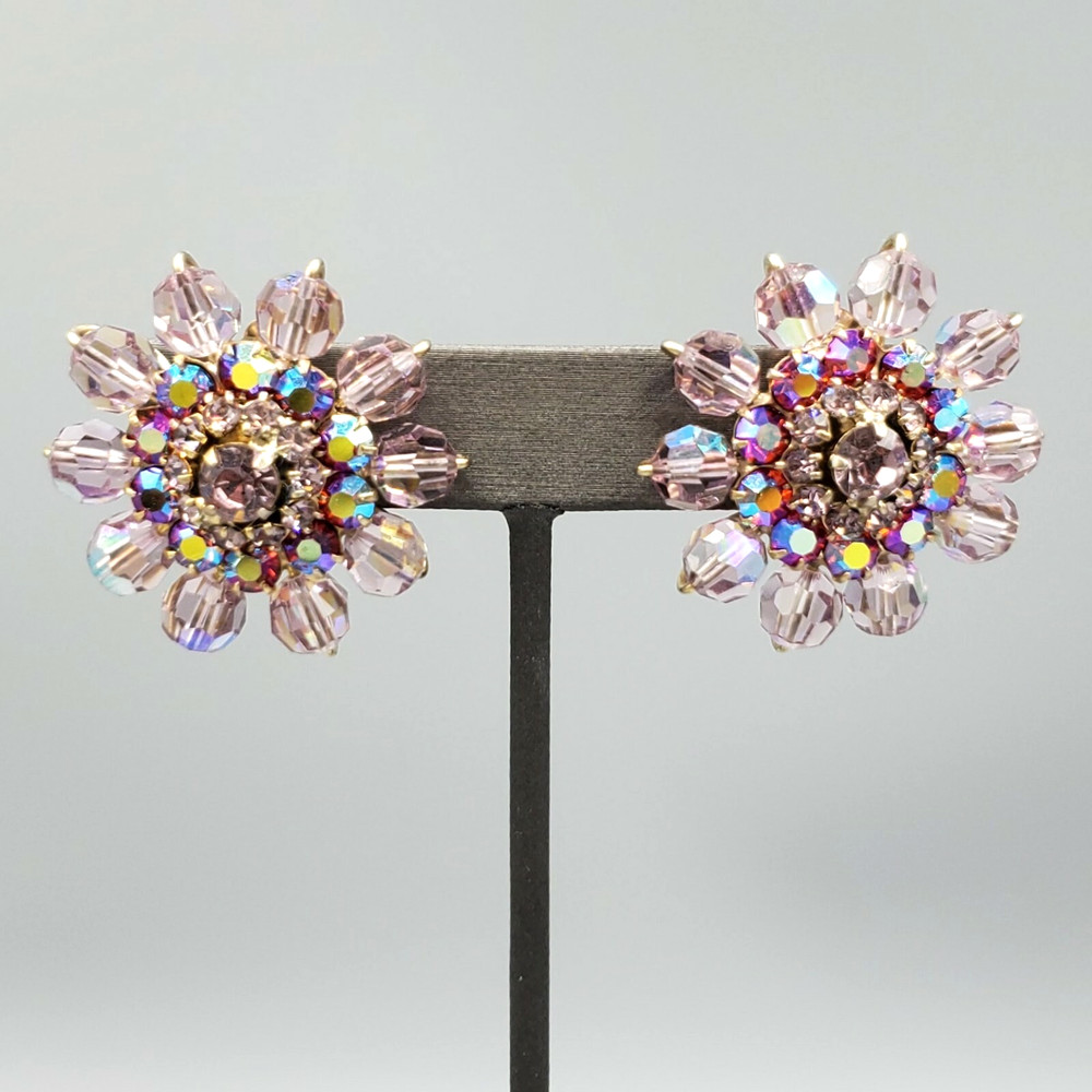 Vintage Unsigned Designer Purple Lilac AB Crystal Bead Halo Gold Plated Earrings