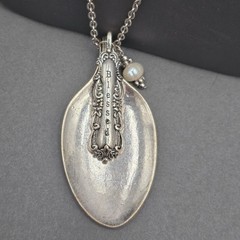 Vintage Blessed Spoon Pendant Necklace Silver Pearl Long Boho Statement Piece