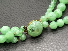 West Germany Double Strand Green Bead Necklace Gold Tone Marbled Box Clasp