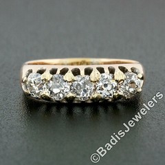 Antique Victorian 14k Rosy Yellow Gold 1.35ctw 5 Old Mine Cut Diamond Band Ring