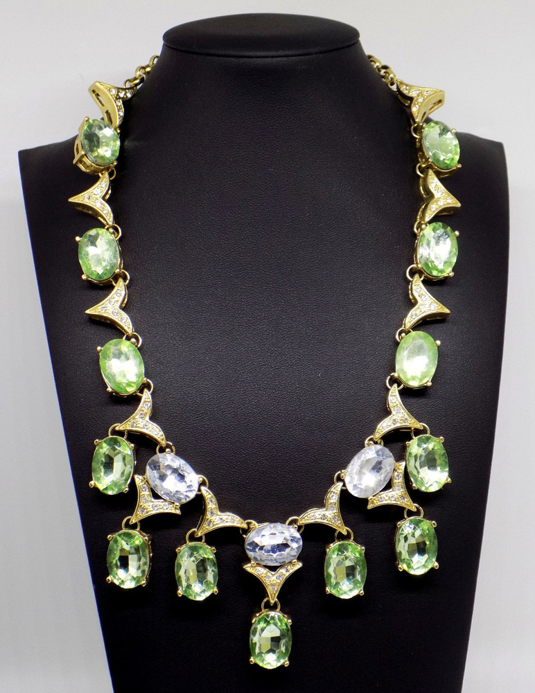Arnold SCAASI Green & Clear Crystal Necklace Bling Statement Runway Cocktail
