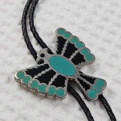Vintage Bolo Tie Eagle Thunderbird Turquoise Silver Green & Black Enamel Design