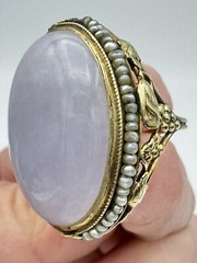 VINTAGE ANTIQUE 14K YELLOW GOLD GENUINE LAVENDER JADE SEED PEARL RING SZ. 6 3/4