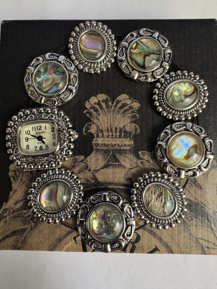 Vintage Japanese Novelle Quartz Abalone Silver Tone Watch Bracelet Stretchy 8”